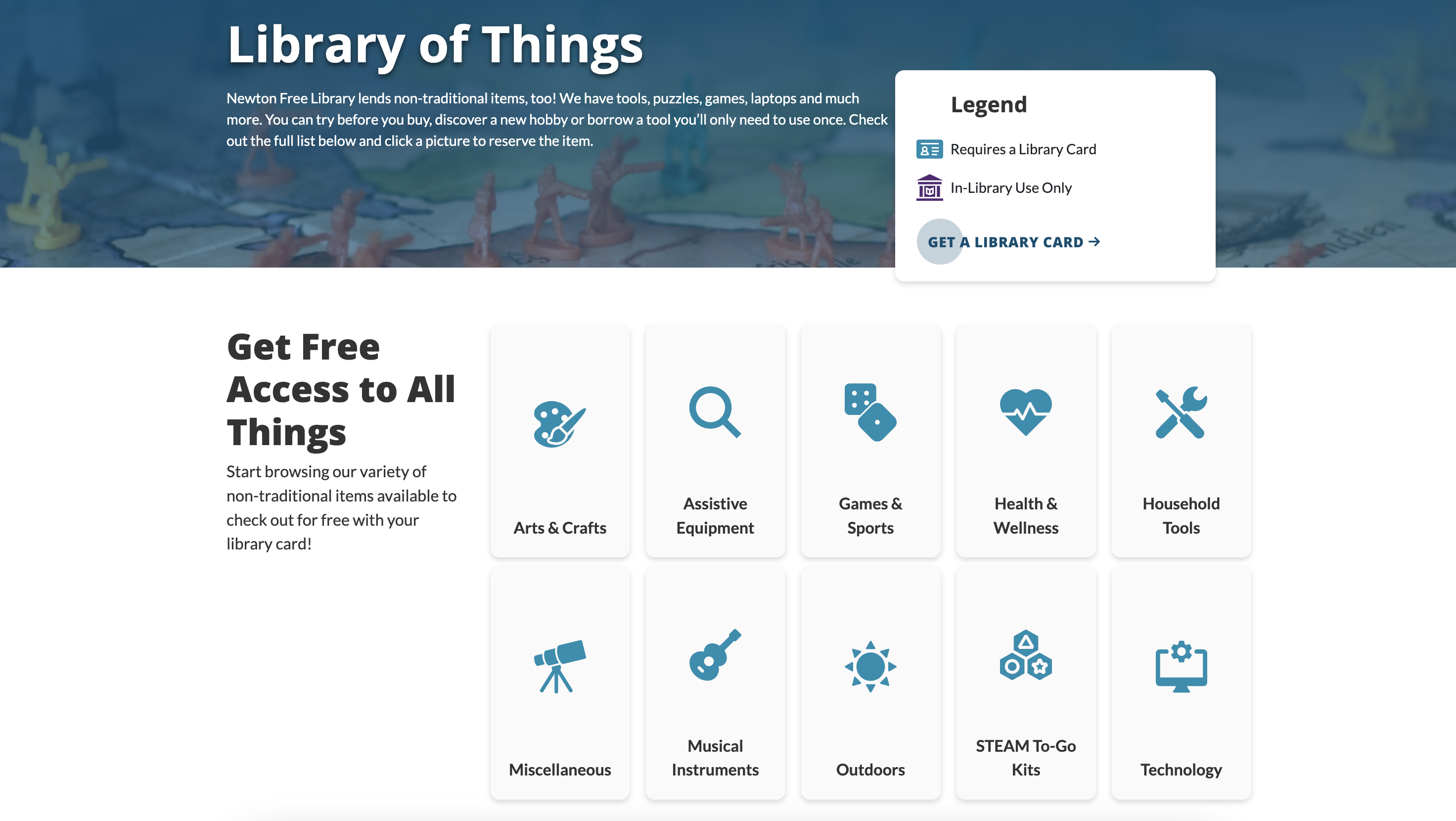 Newton Free Library's Library of Things Website menu
